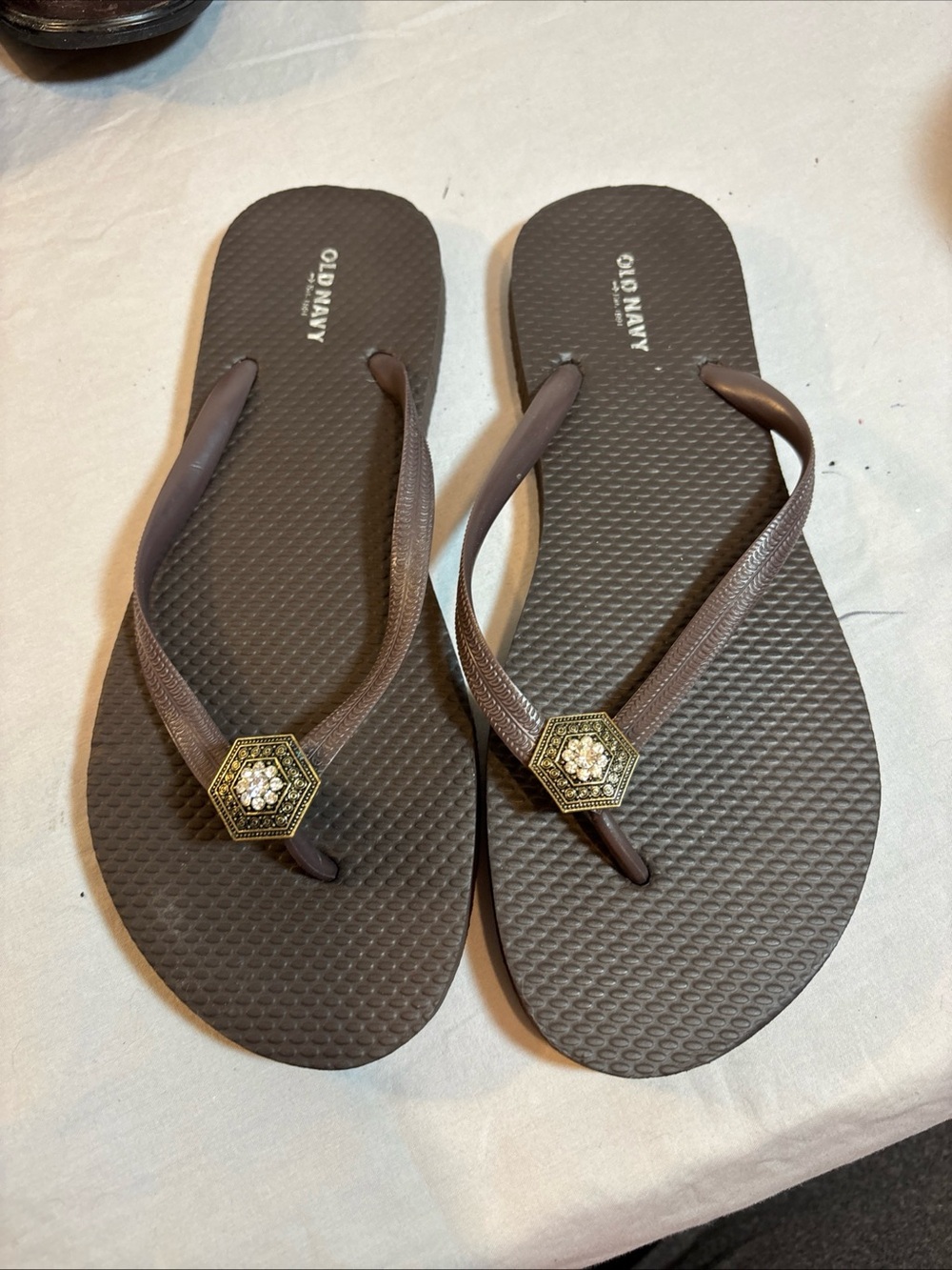 Old Navy Brown Flip Flops with Rhinestone Hexagon Accent
